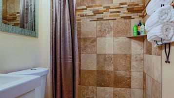 Hair dryer, towels, soap, shampoo