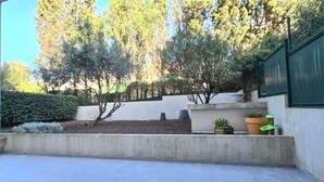 Un patio con pared de concreto, plantas en macetas y árboles.