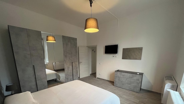 A modern bedroom with a large bed, a wardrobe, a TV, and a radiator.
