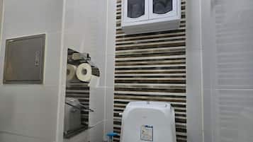 Hair dryer, towels, soap, toilet paper