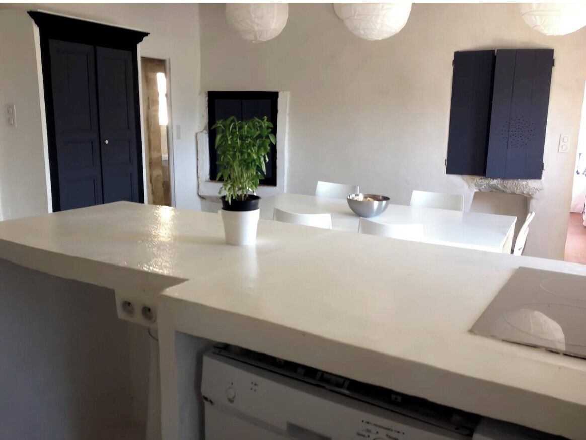 A modern kitchen with white countertops, a dishwasher, a potted plant, and a dining area with white chairs and a bowl.