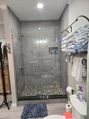 Shower, hair dryer, towels, soap