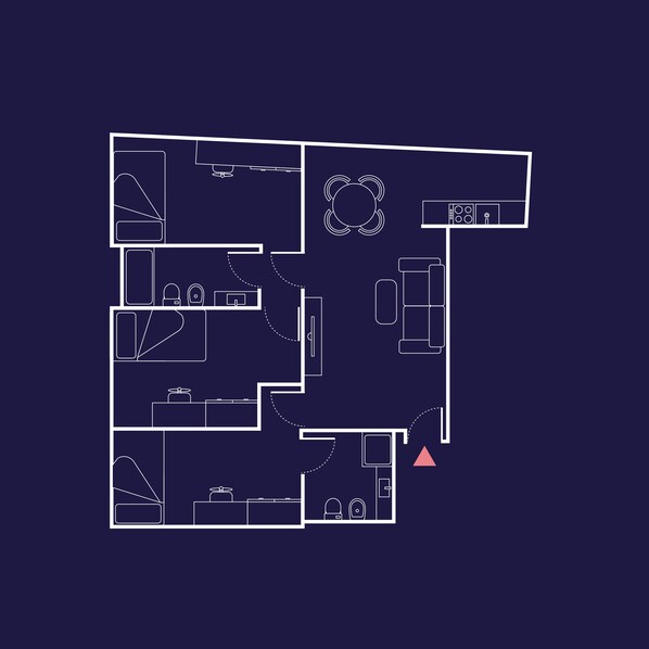 A floor plan with a kitchen, dining area, and a living room. - aparto Milan Durando (Milan)