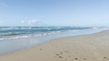 A beach with a sandy shore and waves.