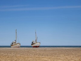 Dos barcos sobre una playa arenosa con cielo despejado.