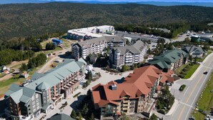 An aerial view of a resort with multiple buildings, including a large hotel with a green roof and several smaller structures with red roofs.