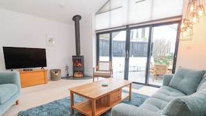 A modern living room with a TV, sofa, coffee table, and a wood-burning stove.