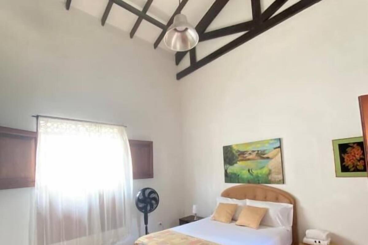 A bedroom with a bed, a window with sheer curtains, a ceiling fan, and a painting on the wall.