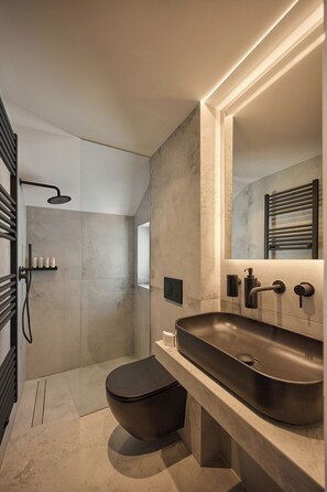 Shower, hair dryer, bidet, towels