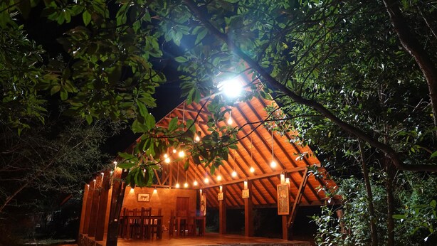 Una estructura de madera con un patio cubierto, rodeada de árboles.