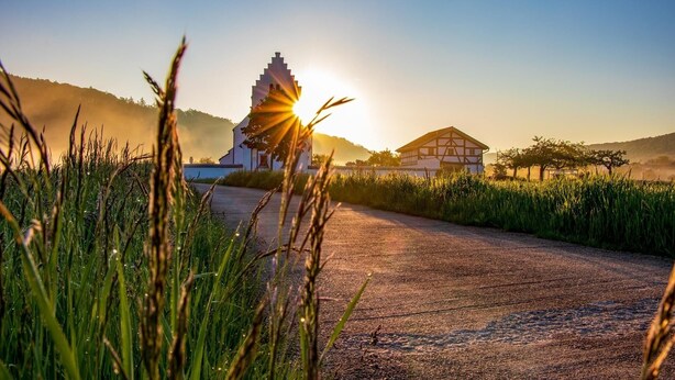 Un camí rural que condueix a un edifici tradicional amb una estructura de teulada característica, envoltat de vegetació exuberant i un cel serè.