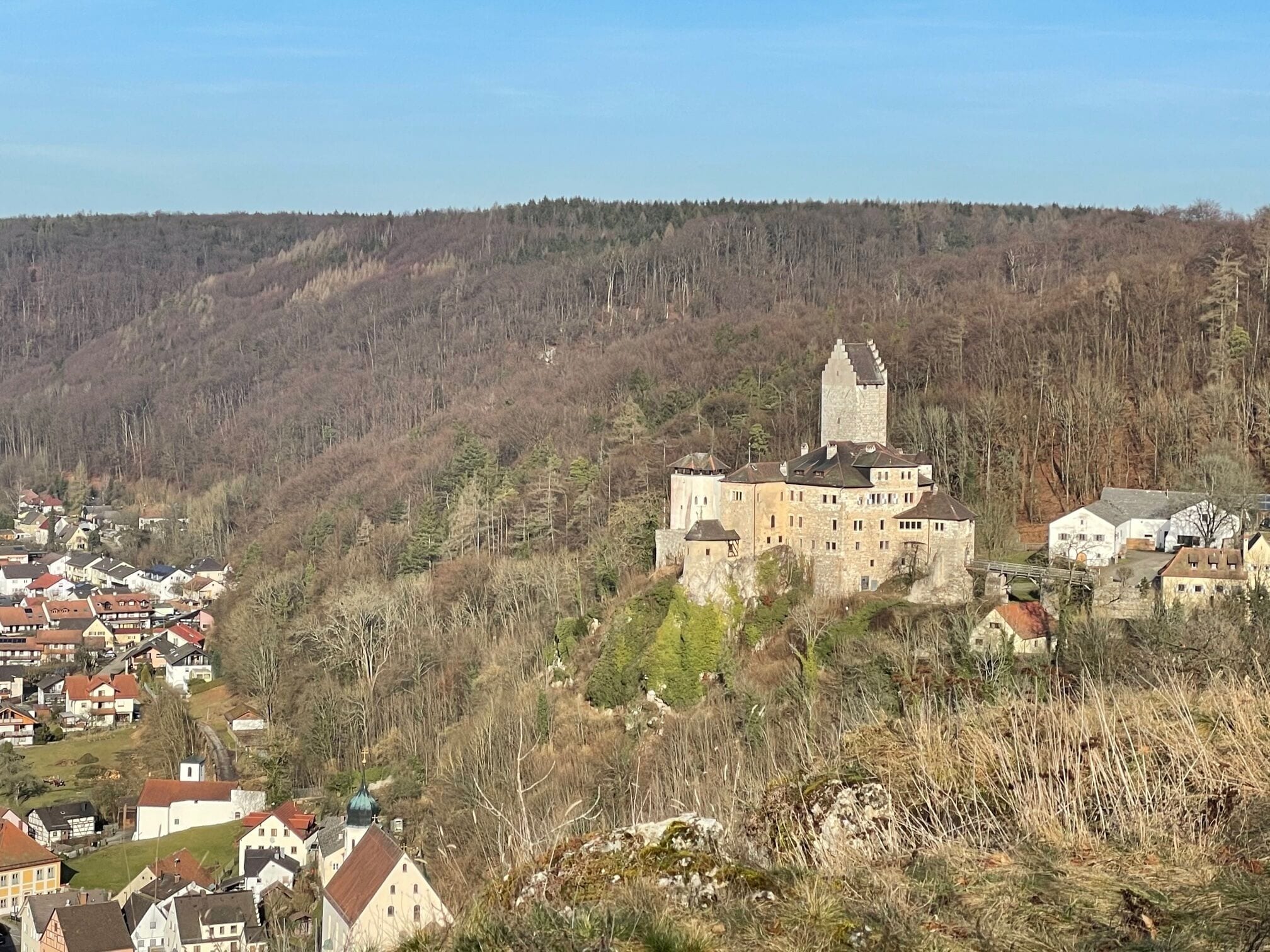Eine Burg mit einem markanten Turm, umgeben von einem bewaldeten Hügel und einem kleinen Dorf darunter.