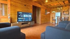 Un interno in legno con televisore, divani e un camino in pietra.