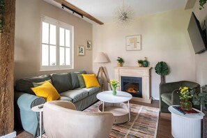 Ein Wohnzimmer mit Kamin, einer Couch, einem Couchtisch und einem Fernseher.