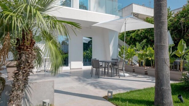 Ein möblierter Patio-Bereich im Freien mit Tisch und Stühlen, umgeben von Palmen und Topfpflanzen.