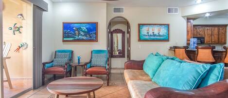 Condo, Multiple Beds, Balcony (Bella Sirena BB 101) | Living area | 42-inch flat-screen TV with digital channels, DVD player