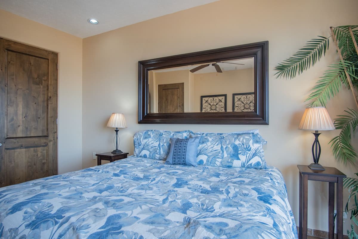A bedroom with a bed, a wooden door, a mirror, a ceiling fan, and a potted plant.