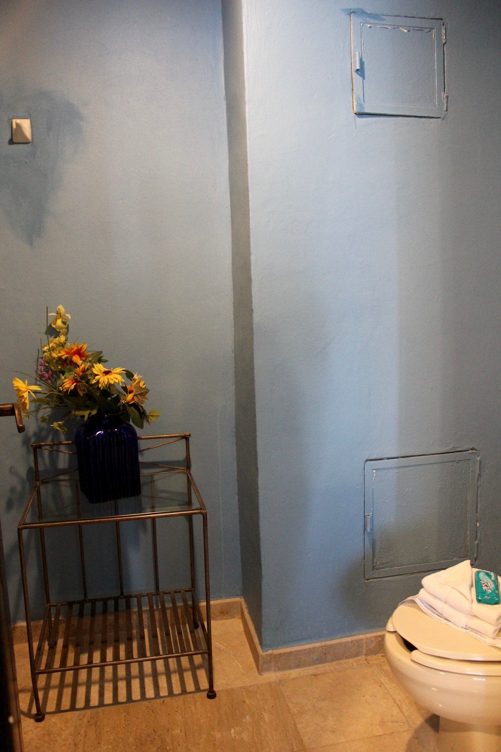 A bathroom with a toilet, a metal rack with a vase of flowers, and a blue wall.
