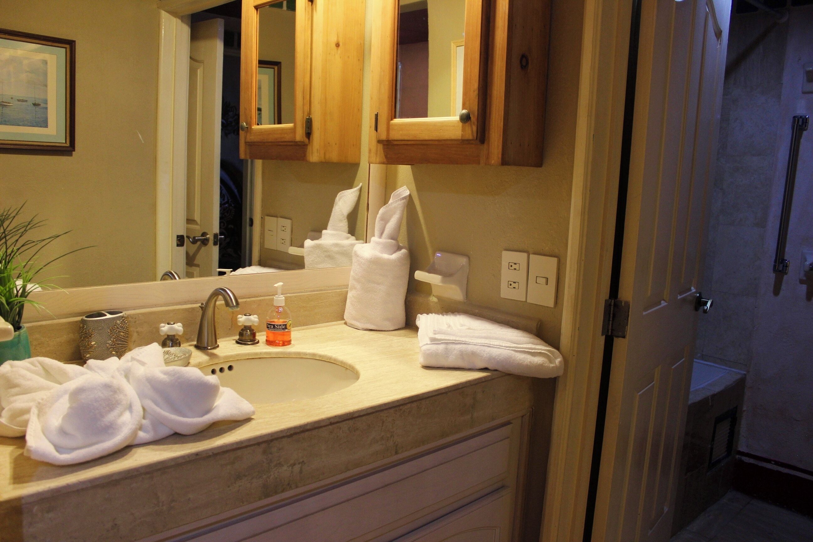 A bathroom with a sink, mirror, towel rack, and a shower area.
