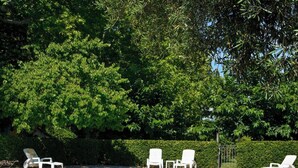 Une piscine entourée de chaises longues blanches, avec un luxuriant feuillage verdoyant en arrière-plan.
