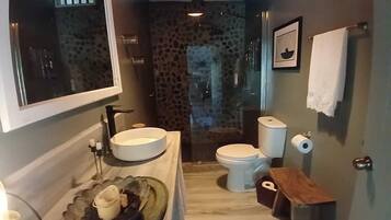Douche, séchoir à cheveux, serviettes fournies, savon