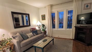 Smart TV, chimenea y libros