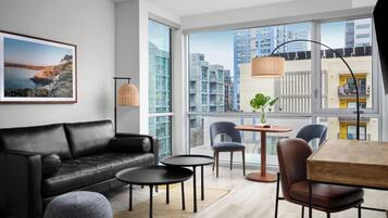 Premium bedding, pillowtop beds, desk, laptop workspace