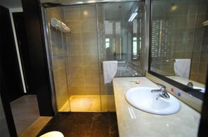 Un baño moderno con ducha de vidrio, un lavabo blanco y un espejo grande.