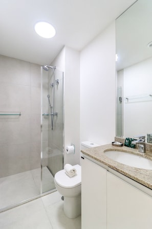 A modern bathroom with a glass-enclosed shower, a toilet, and a sink with a mirror above it.
