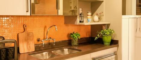 Fridge, oven, stovetop, coffee/tea maker