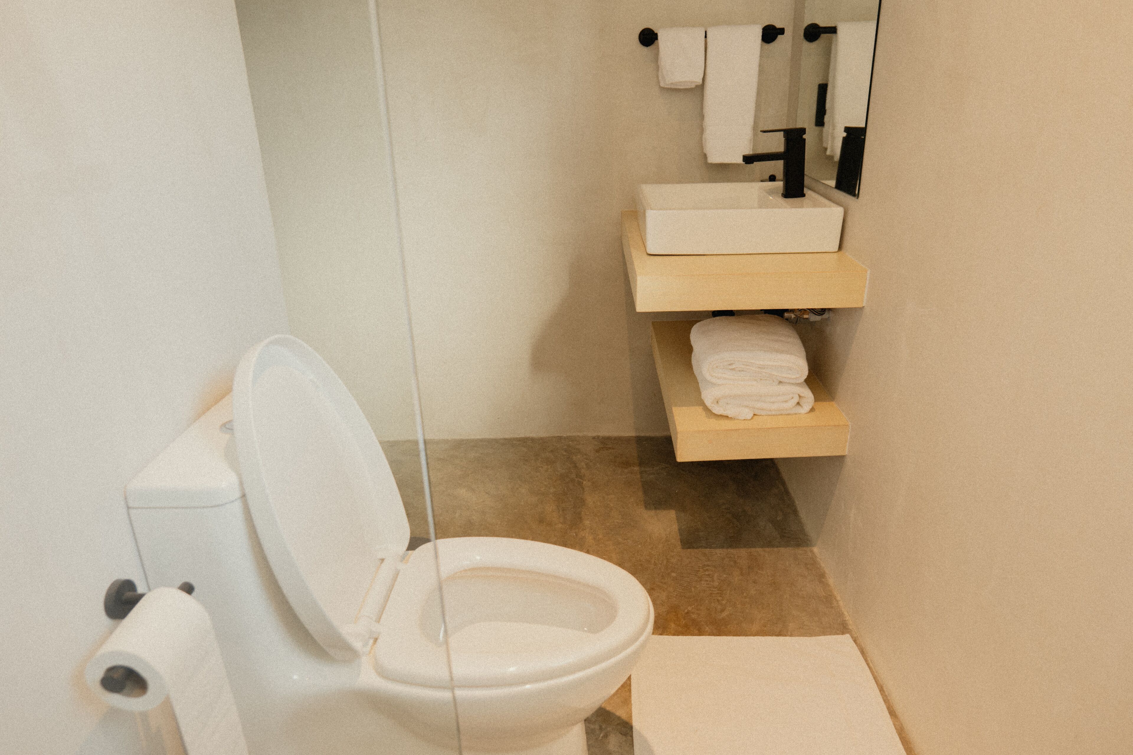 A bathroom with a toilet, sink, and towel rack.