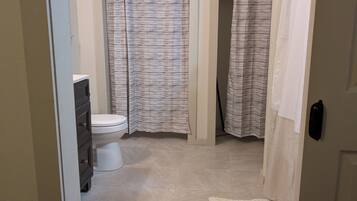 Hair dryer, towels, soap, shampoo