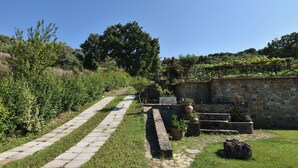 A stone pathway leading to a stone building with steps and potted plants.