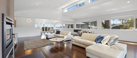 Smart TV, caminetto, libri