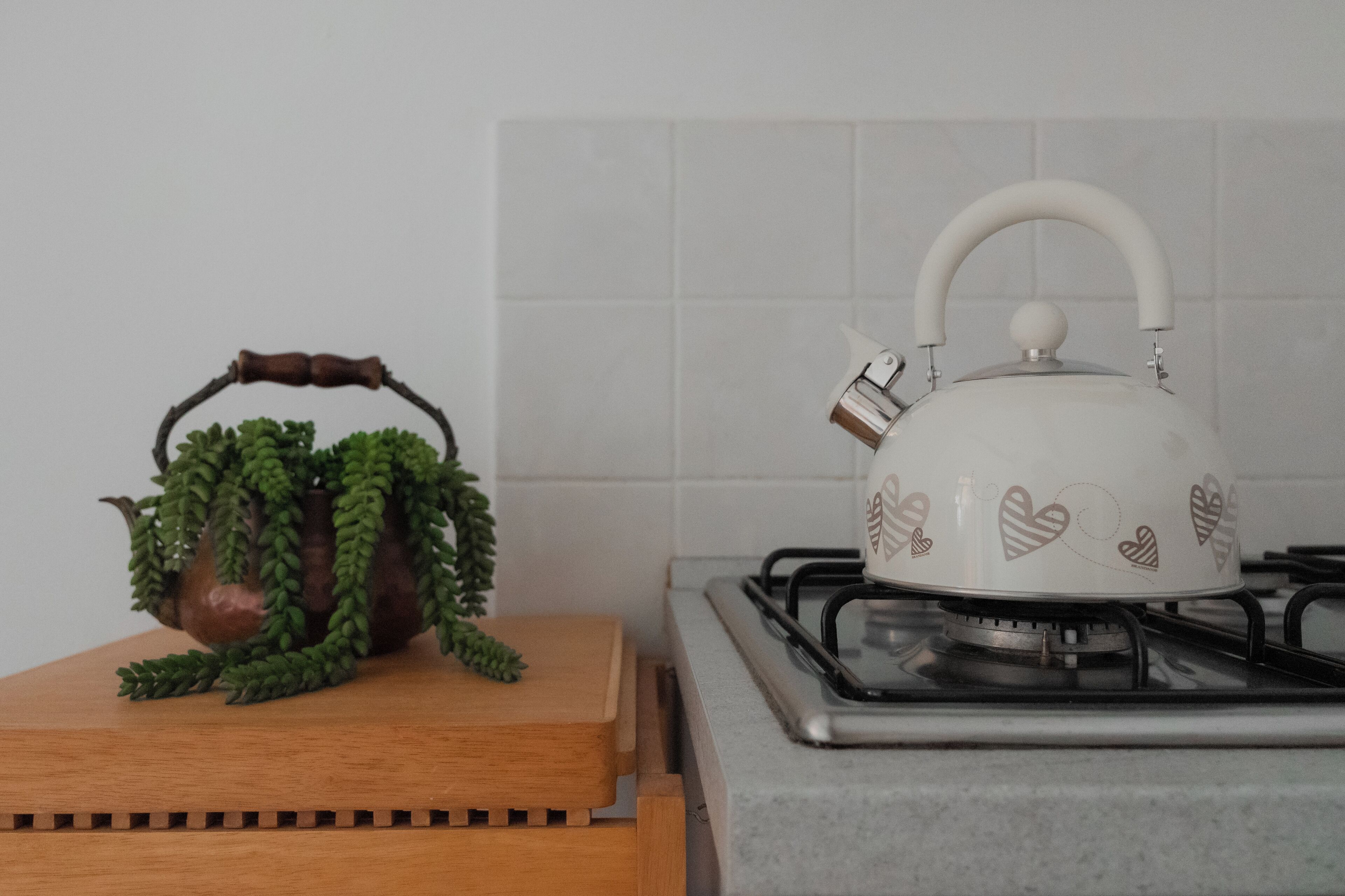 Een keuken met een witte waterkoker op een gasfornuis, een houten snijplank en een potplant met groene bladeren.
