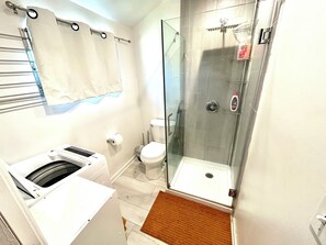 Shower, towels, soap, shampoo