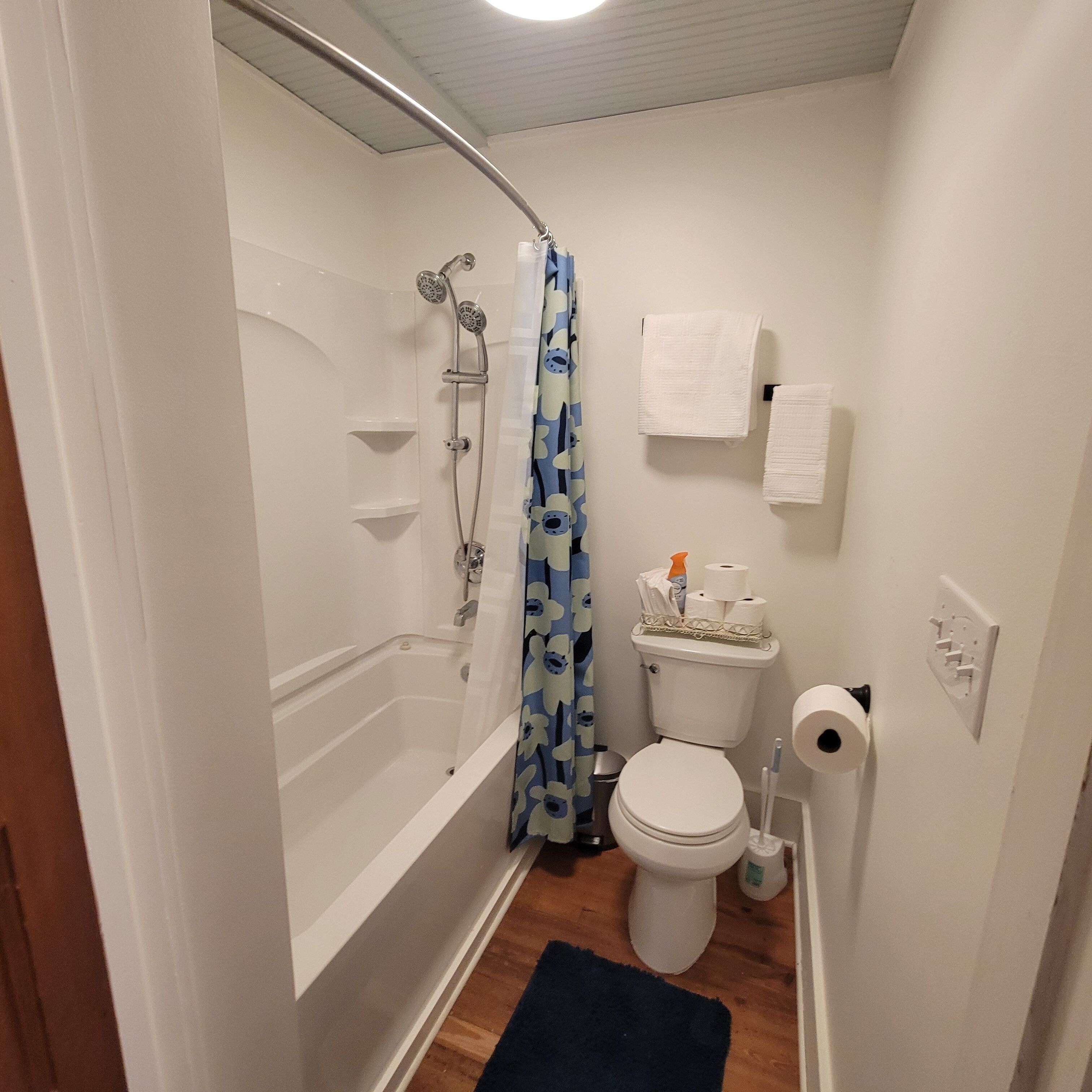 Hair dryer, towels, soap, toilet paper