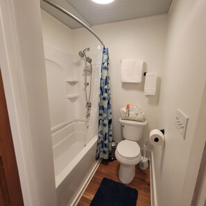 Hair dryer, towels, soap, toilet paper