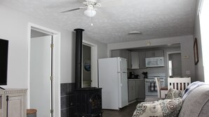 A living room with a fireplace, a sofa, and a television. There is a kitchen area with cabinets and a microwave. - Charming 2BR Cabin | River Views & Outdoor Space (Indian River)
