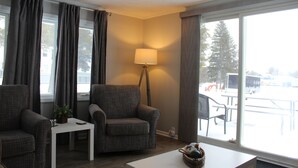 Una sala de estar con dos sillones, una mesita, una lámpara de pie y vistas a un paisaje nevado a través de grandes ventanales.