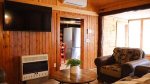 Um quarto aconchegante com paredes de madeira, uma televisão de tela plana, uma lareira, uma poltrona de couro confortável e uma mesinha com uma planta.