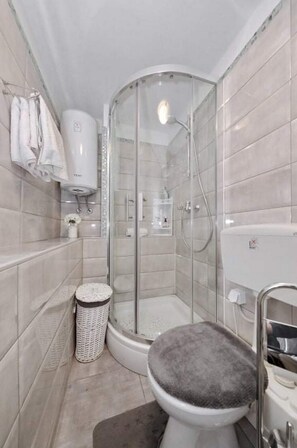 Chuveiro, secador de cabelo, toalhas de banho, papel higiênico