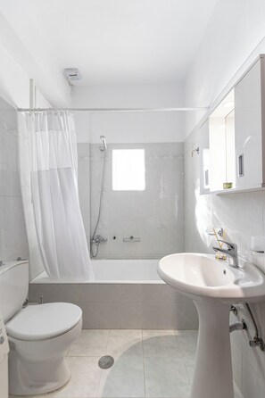 Hair dryer, towels, soap, toilet paper