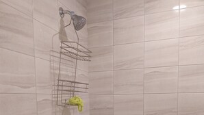 Ein Badezimmer mit Dusche, Handtuchhalter und Seifenschale.