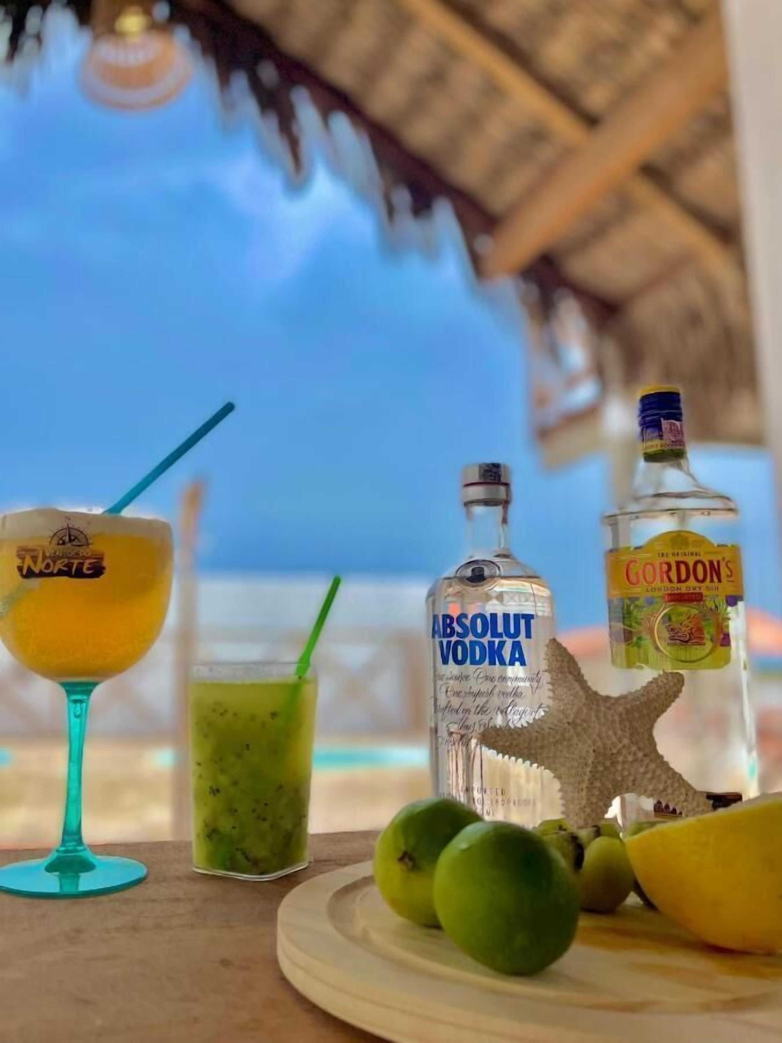 A table with a drink, a bottle of vodka, a bottle of Gordon's London Dry Gin, and some limes.