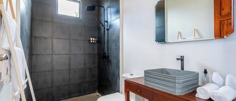 A bathroom with a dark tiled wall, a white toilet, a shower with a black hose, a wooden vanity with a sink, and a mirror.