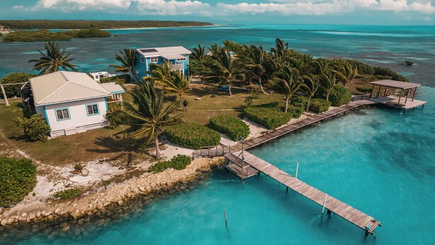 An aerial view of a coastal property with a wooden pier leading to a house and a separate structure, surrounded by palm trees and clear turquoise waters.