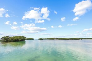Une étendue d'eau calme, sous un ciel dégagé, avec des terres lointaines à l'horizon.