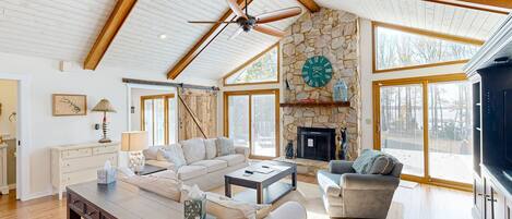 TV, DVD player, foosball, books