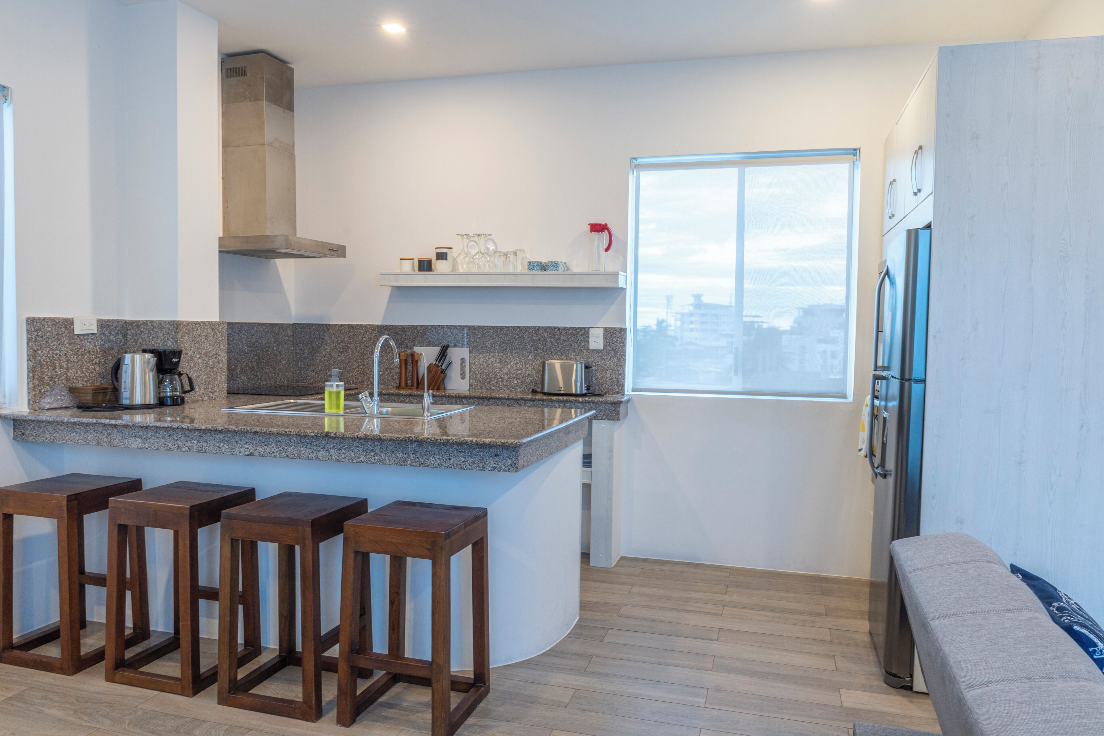 Frigorífico, microondas, horno y placa de cocina